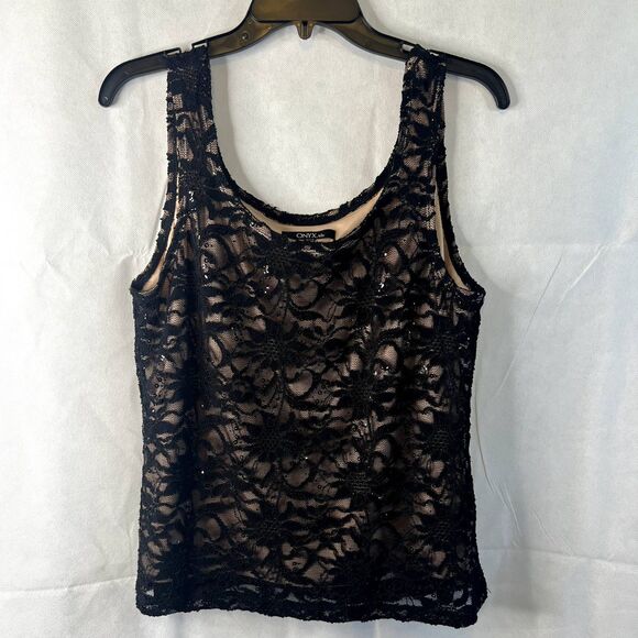 Onyx Nite Black Lace & Sequin Dressy Cocktail Evening Tank Top Size Large - Picture 10 of 10